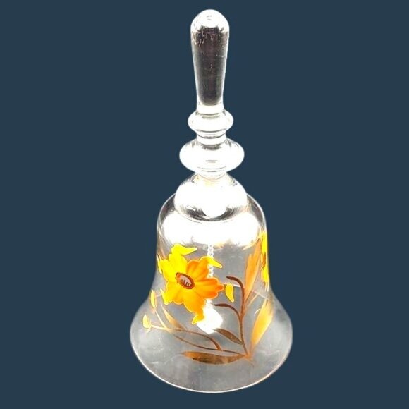 Hungarian Hand Painted Crystal Hostess Bell Orange Gold Flower Crystal Clapper - Picture 1 of 6